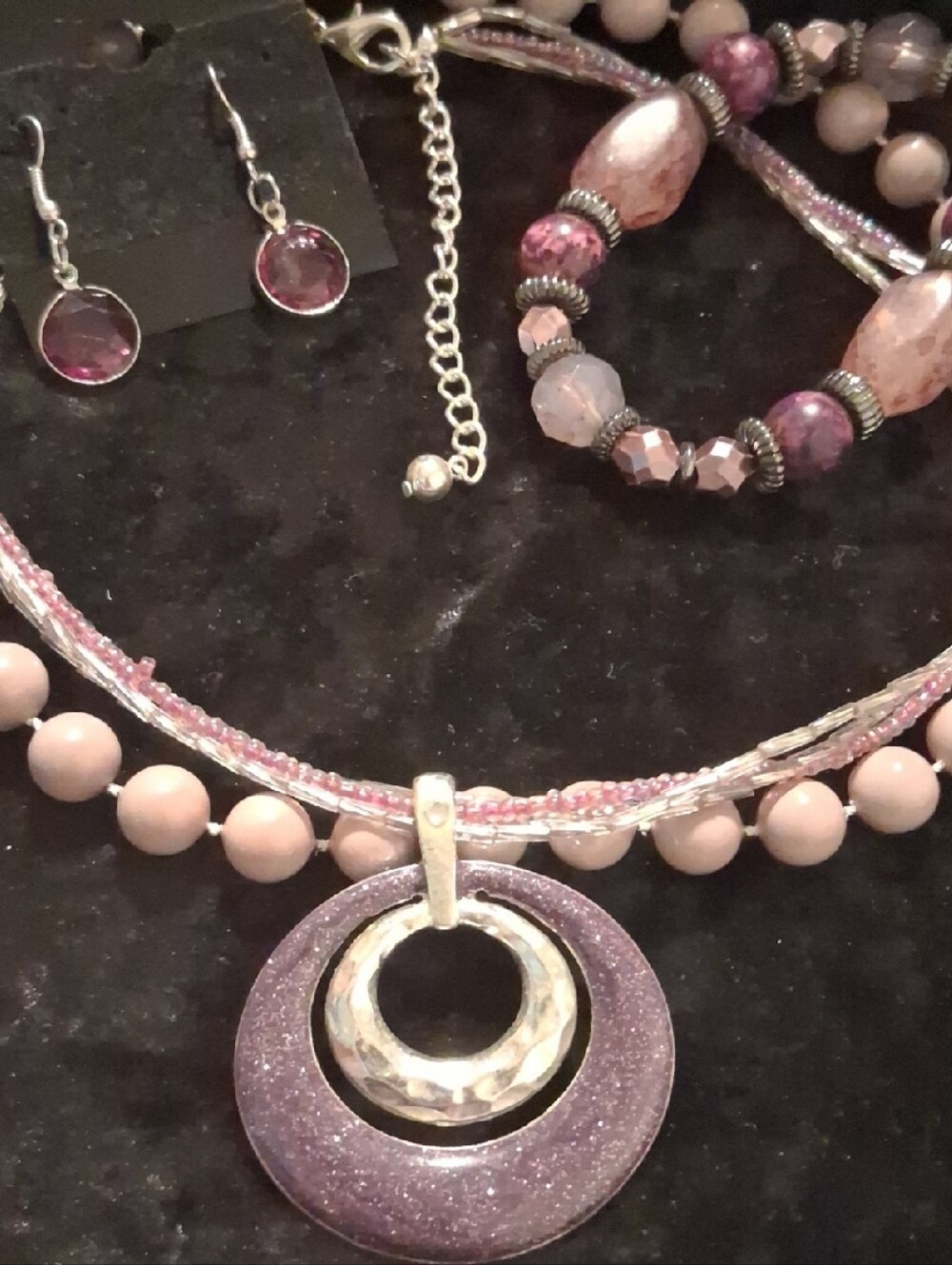 Pink Multi-Strand Pendant Necklace with Glitter Ring 18 -22 In Long